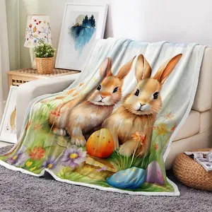Easter Throw Blanket Spring Bunnies and Flowers Soft Fleece Blanket Durable Flannel Cozy Warm Microfiber Blankets for Couch Bed Sofa Decor