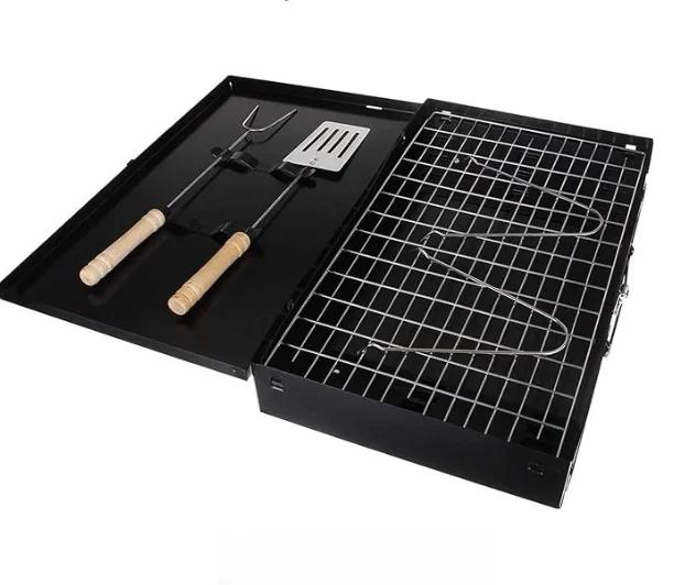 Portable Charcoal Grill Heavy-Duty Cast Iron Adjustable Height Foldable Design with Open Lid Compact Lightweight BBQ Grill for Camping Tailgating Picnics