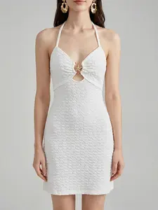 LikeMyChoice White Textured Halter Midi Dress with Gold Starfish Cutout | Beach Casual Summer Outfit