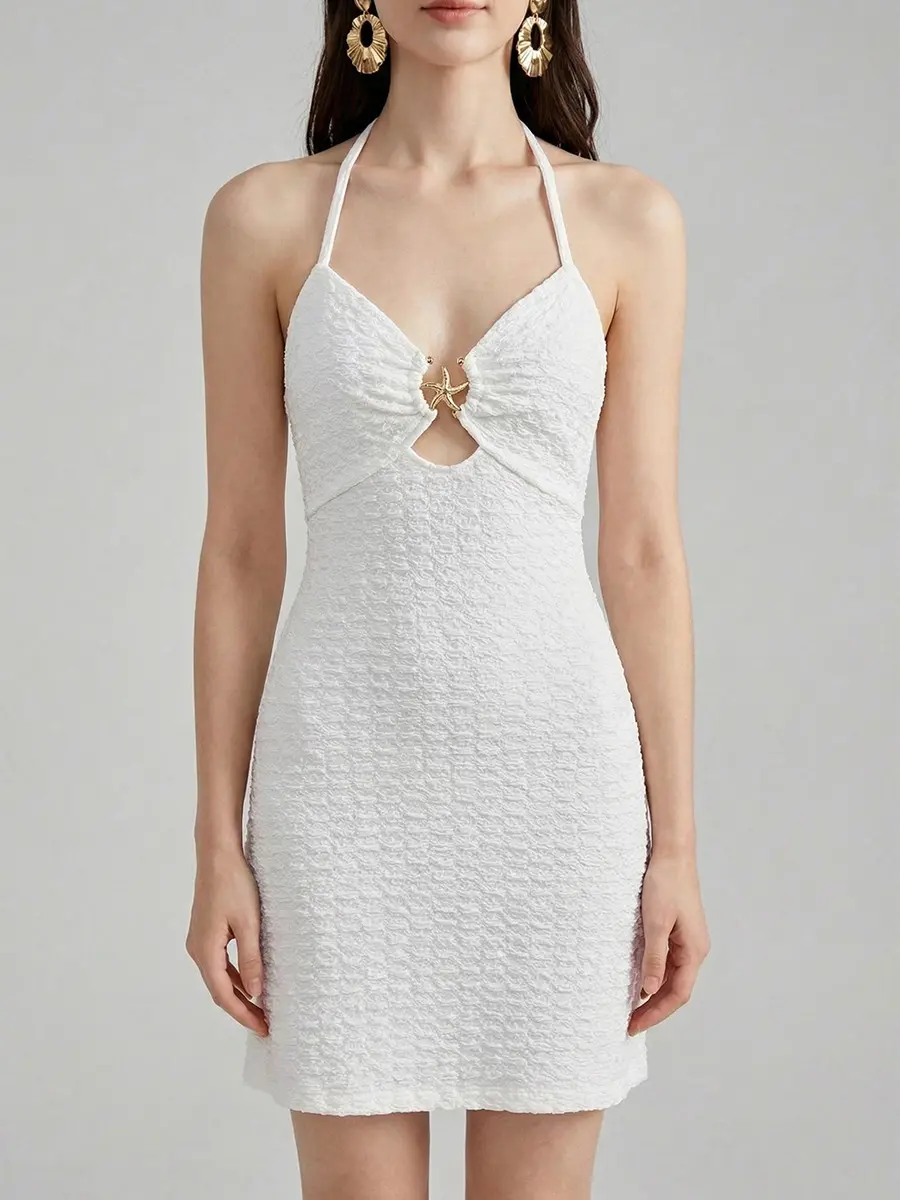 LikeMyChoice White Textured Halter Midi Dress with Gold Starfish Cutout | Beach Casual Summer Outfit - TikTok Shop LikeMyChoice White Textured Halter Midi Dress with Gold Starfish Cutout | Beach Casual Summer Outfit - TikTok Shop