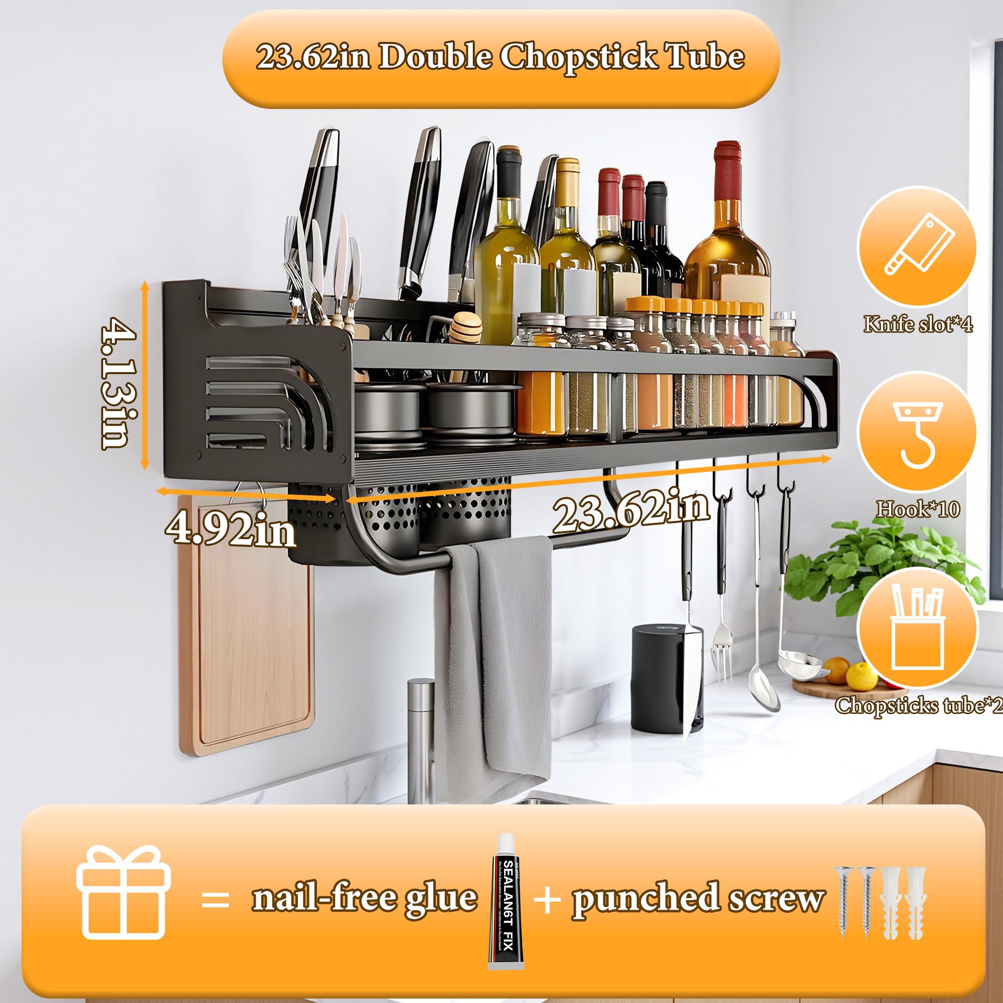 Bepatio Space Saving Wall-Mounted Kitchen Spice Rack – No-Drill Carbon Steel Shelf with Hooks for Utensils, Lids, and Seasoning Jars