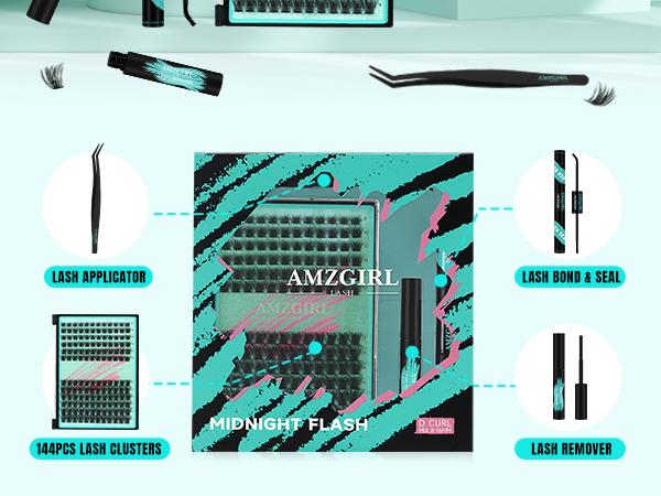 AMZGIRL LASH DIY Lash Extensions Kit 144pcs Midnight Waterproof Eyelashes Makeup Cosmetic Set with Bond Seal Remover Applicator