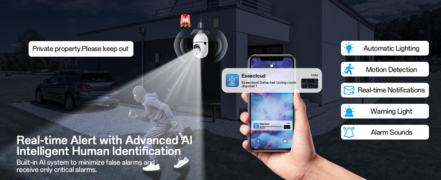 WESECUU Security Camera Bulb 3MP HD Night Vision 2-Way Audio 2.4GHz Wi-Fi Indoor/Outdoor Remote Access EseeCloud Easy Install E27 Socket