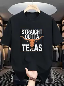 Round neck black t-shirt with "texas" Longhorn pattern suitable for casual wear suitable for all seasons, suitable for Christmas, Easter, Halloween, Thanksgiving, etc.