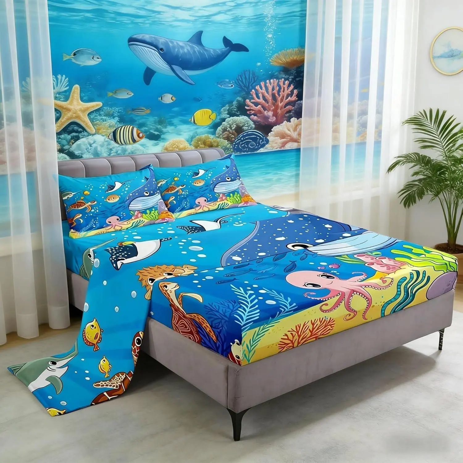 Marine Animals Sheet,Shark Octopus Turtle Coral Bedding Set Adults,Underwater World Cartoon Sea Blue Bed Sheet (Deep Pocket Fitted Sheet + Flat Sheet + Pillowcases), Cartoon Theme, Multi-Size