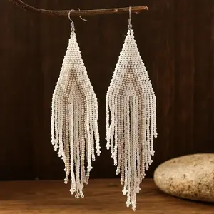 White Beads Tassel Dangle Earrings Bohemian Vacation Style Trendy Holiday Ear Ornaments Female Earrings