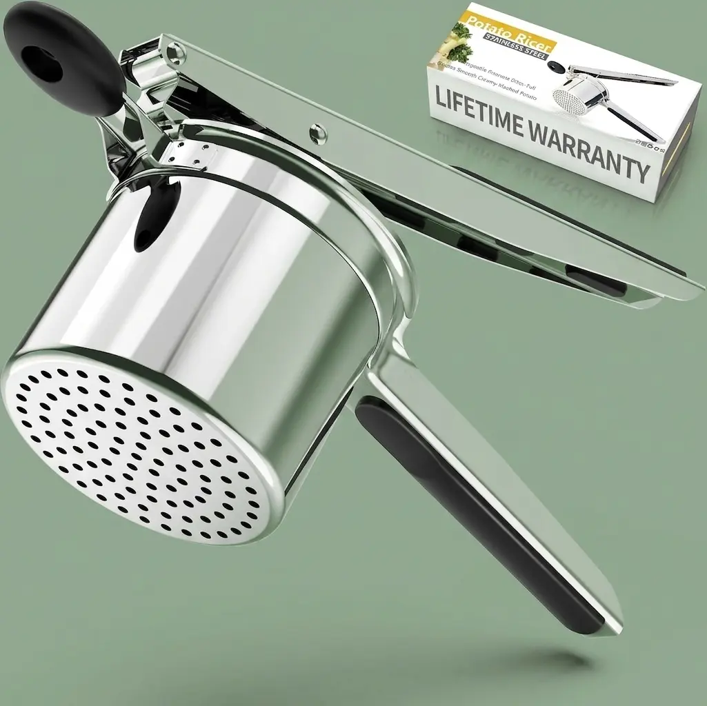 [HUOMAQFAN] Stainless Steel Potato Ricer (405 ml) - Fixed Hole Disc & Non-Slip Silicone Handle - Mess-Free Dishwasher Safe Food Press for Smooth Mashed Potatoes