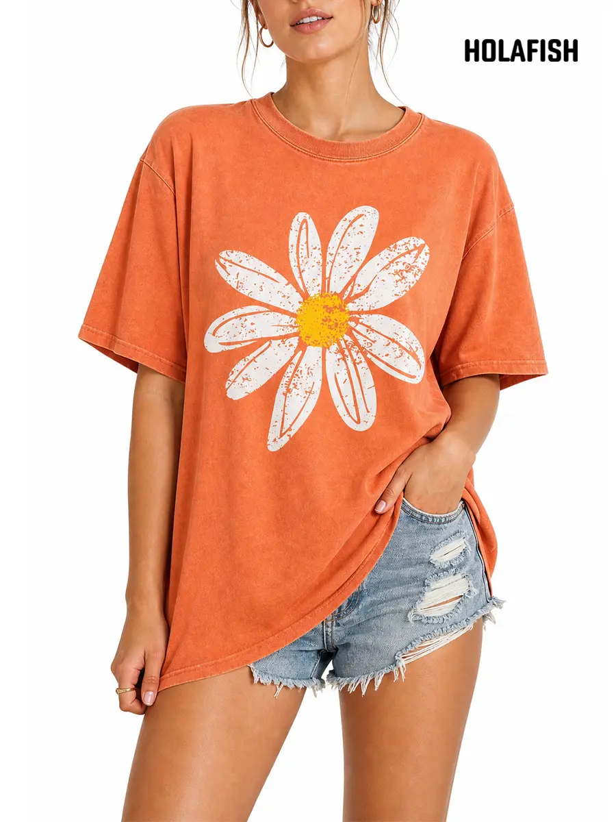 Holafish Women's Plus Size Short-Sleeve Crew Neck T-Shirt - Acid Wash, Drop-Shoulder, Vintage Daisy Print, Soft Heavy Cotton, Teenage Dirtbag Aesthetic, Casual Streetwear, Oversized, S-5XL, Plus Size Clothes