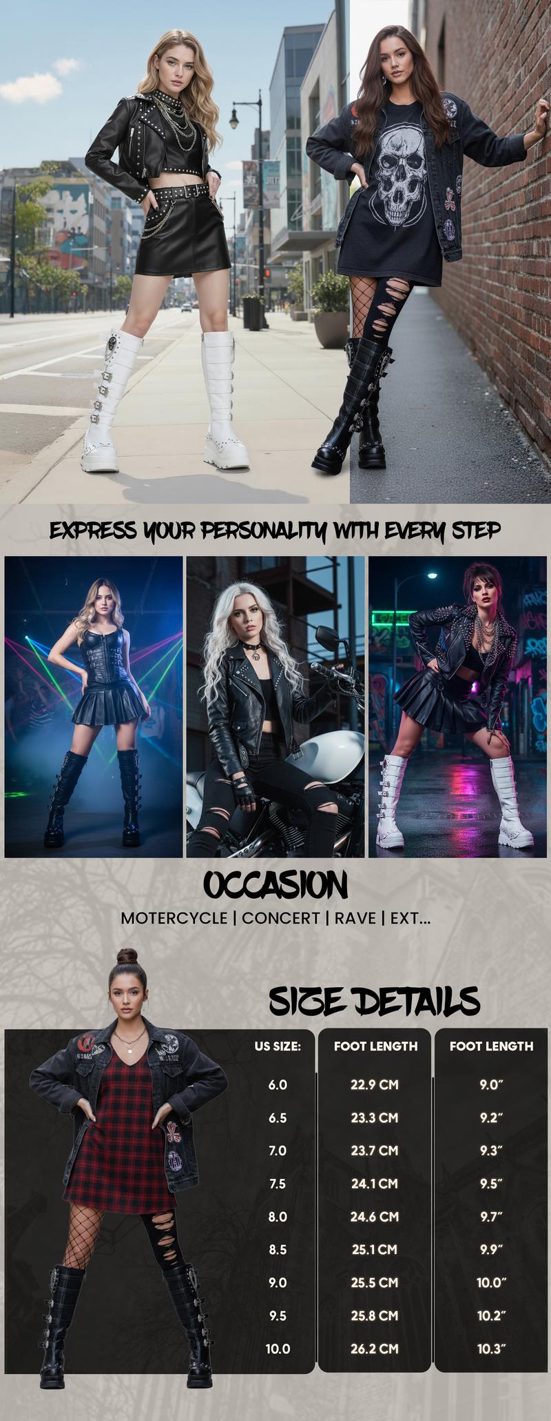 VIMISAOI Goth Boots For Women Knee High Round Toe Chunky Wedge High Heel Side Zipper Metal Buckles Chain Skull Studs Gothic Party Punk Rave Motercycle Concert Festival Boots Womens Black Combat Boots goth girl Shoes Valentine boots