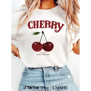 Women's Cherry Print Round Neck Tee – Vintage Casual Short Sleeve Top for Every Season