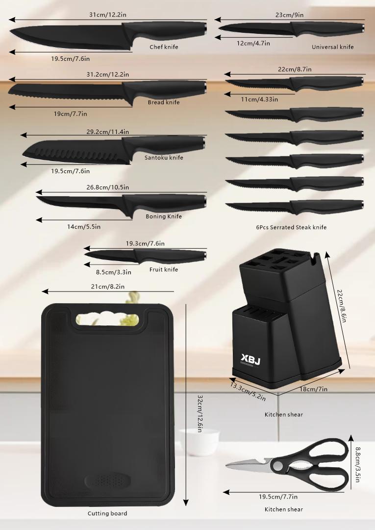 Knife set, XBJ-15 piece kitchen knife set with sharpening block, dishwasher safe, non-slip handle, black steel and wood sharpener, steak cutting stainless steel high quality knife set with sharpener kitchenware from Germany, Christmas gift Knife set, XBJ-15 piece kitchen knife set with sharpening block, dishwasher safe, non-slip handle, black steel and wood sharpener, steak cutting stainless steel high quality knife set with sharpener kitchenware from Germany, Christmas gift