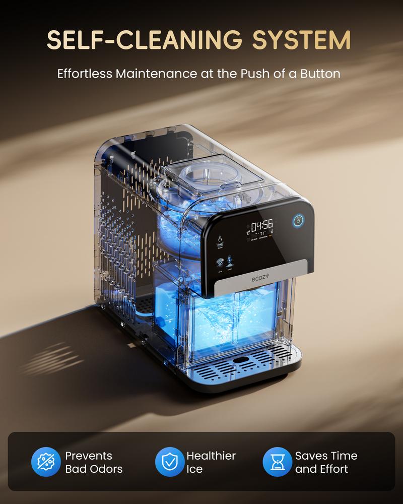 [Upgraded Smart Version] ecozy Nugget Ice Maker Dispenser, Ultra-quiet Smart 2-in-1 Pebble Ice Machine Countertop & Water Dispenser with App Control, Easy Self-Cleaning, Auto Lighting, TDS Monitor, Measured Dispensing, Christmas Gift, Holiday Gift