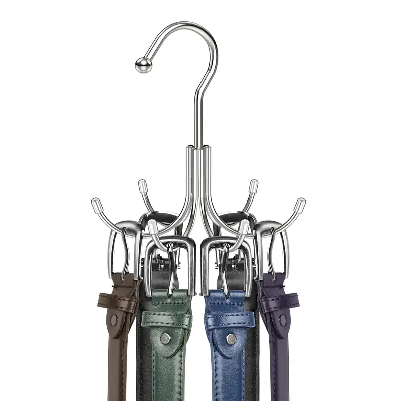 Rotatable Belt Hanger 360 Swivel Space Saving Closet Organizer 8 Hooks for Belts Ties Scarves Bras Purses Heavy Duty Metal Wardrobe Storage Silver 1 Pack