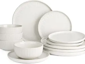 ONE of ONE Starlight Plates and Bowls Dishes Set of 4 (12 Pieces), Ribbed Textured Stoneware Dinnerware Sets- Dishwasher & Microwave Safe, Chip & Scratch Resistant,