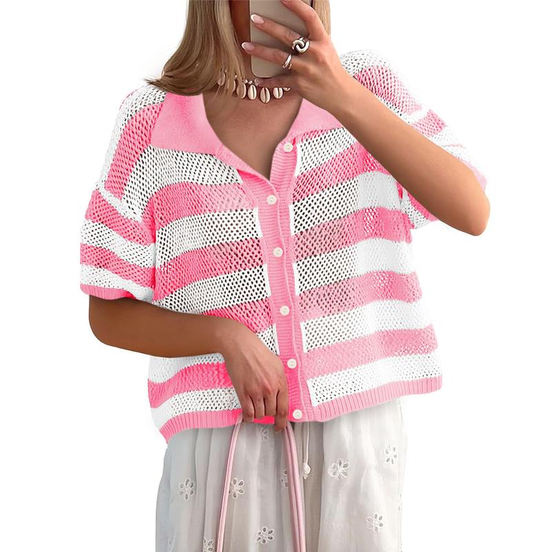 Cicy Bell Womens Summer Striped Crochet Cardigan Sweater Half Sleeve Button up Tops Loose Fit Cover Up