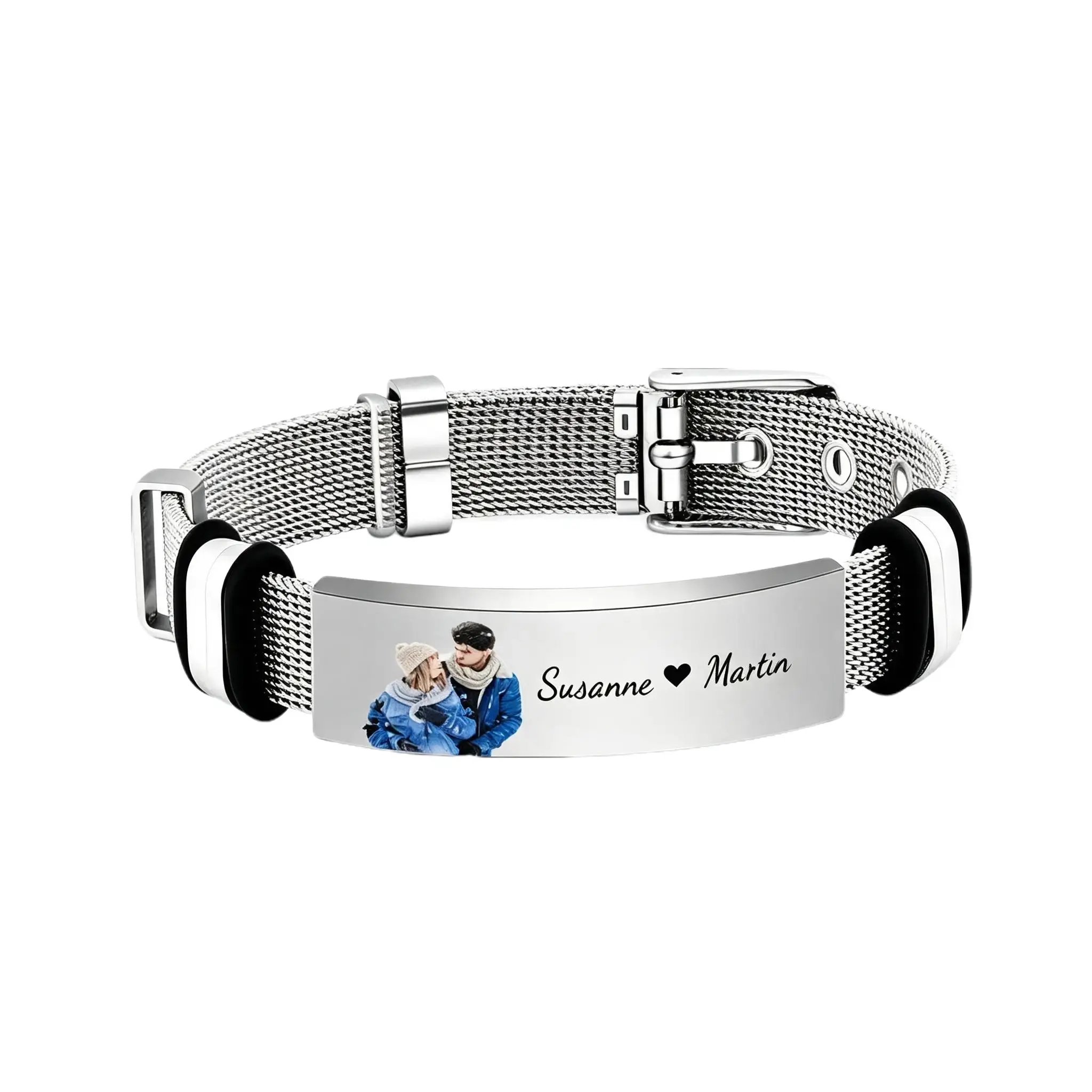 Unisex Custom Titanium Steel Mesh Bracelet - Silver Minimal Photo-Engraved Personalized Bracelet, Anniversary Gift for Couples