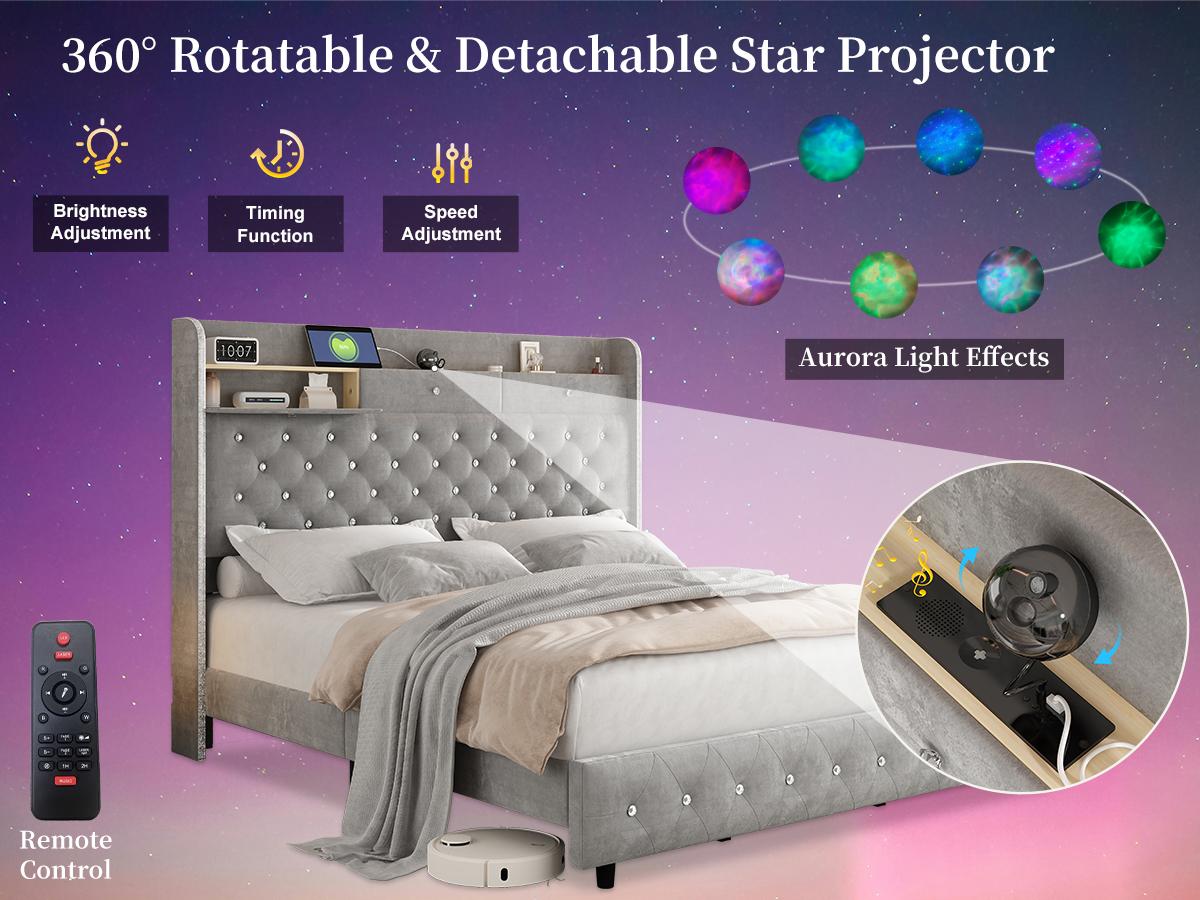 Queen Led Bed Frame with Galaxy Aurora Star Projector, Queen Platform Bed with Charging Station, 52" Upholstered Hidden Storage Headboard with Wingback, Noise Free, No Box Spring Needed, Velvet Grey