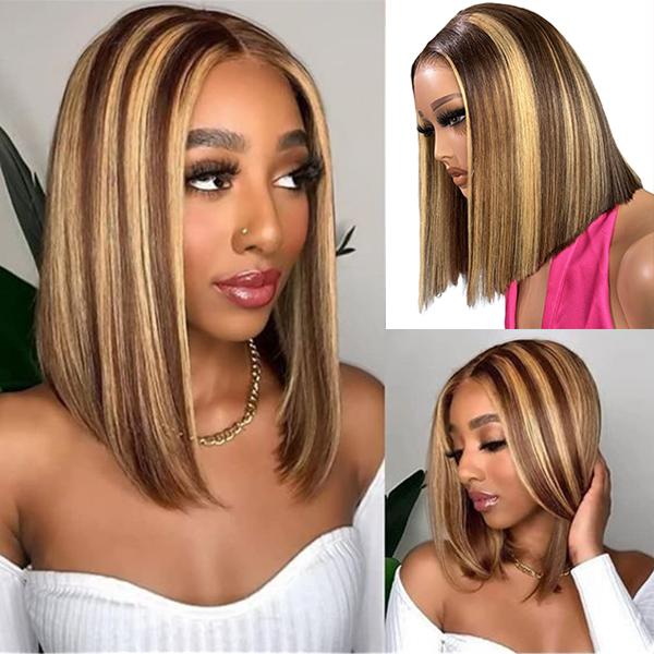 [New In] Wiggins Hair Highlight Straight Bob Wig Glueless 7x4 Lace Closure Wigs Human Hair Ready To Go Wig Honey Blonde Highlights with Brown Hair