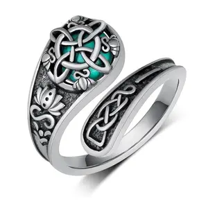 【HXS】925 Sterling Silver Turquoise Celtic Knot Lotus Adjustable Ring for Men Women Gift