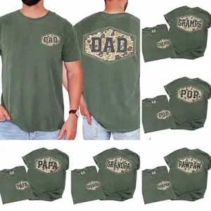 Comfort Colors Custom Camouflage Dad Shirt, Personalized Retro Varsity Duck Camo Grandpa Graphic Tee, Father’s Day Gift for Papa Dada Papaw Poppy, Moss Color -  AL