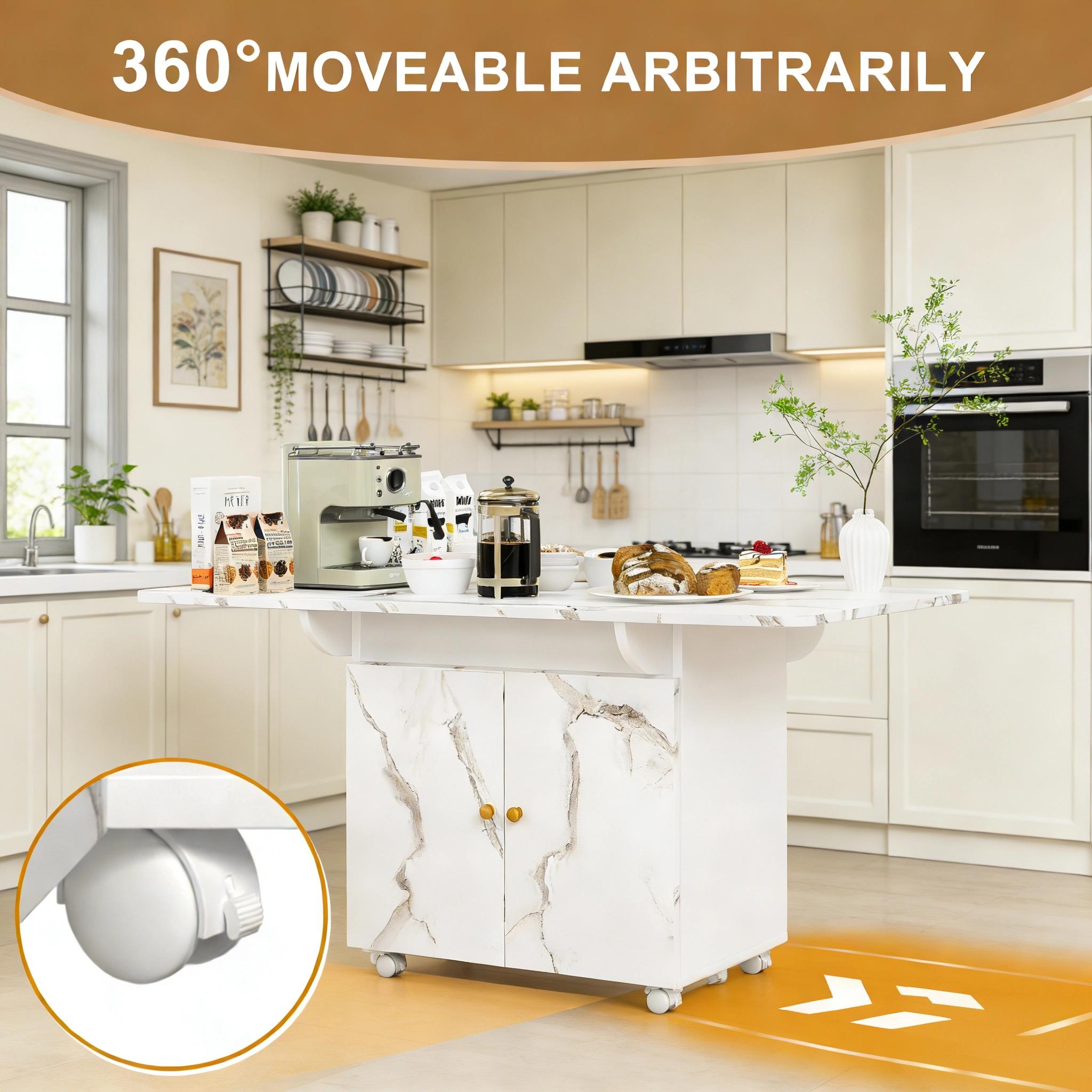 47" Folding Table with Wheels & Storage | Multi-Function Kitchen Island, Dining Table, Desk, Coffee Table & Entryway Console | Space Saving Foldable Table with Marble Top, 6 Casters & Cabinet for Small Spaces, Apartments & Home Office