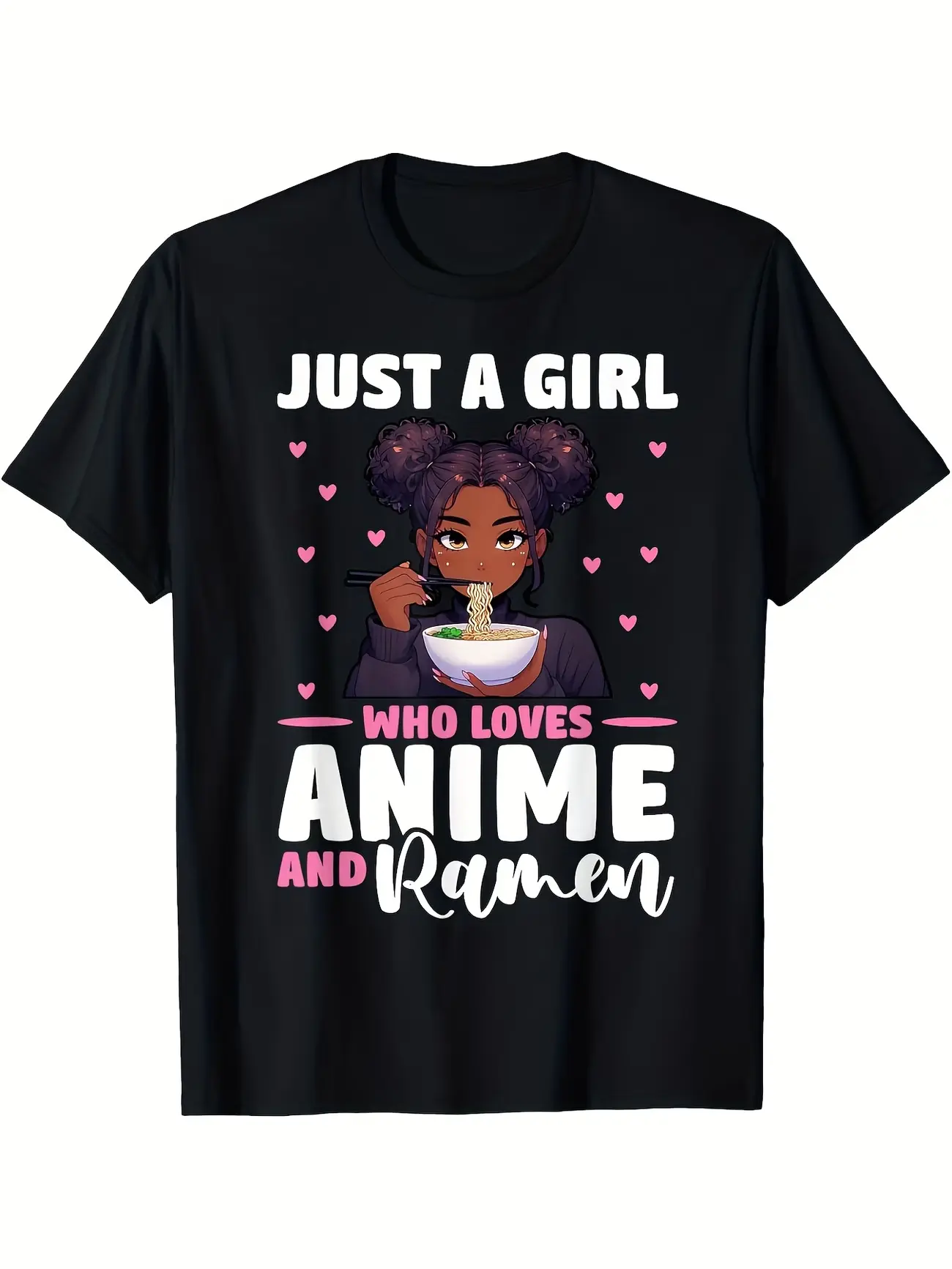 Just A Girl Who Loves Anime & Ramen Graphic Tee - Anime Ramen Lover Shirt with Girl Eating Noodles, Lightweight Crewneck T-Shirt for Women, Men, Teens - Anime Convention & Everyday, Loose Fit Casual Short Sleeve, Machine Washable
