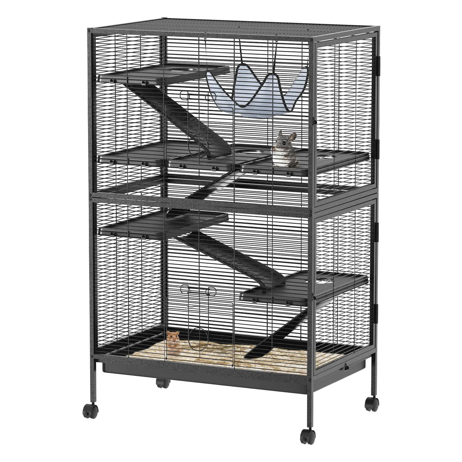 Ferret Cage, 59" Height Large Multi Tier Mobile Pet Mansion with 5 Removable Ramps and Soft Hammock, Rolling Metal Small Animal Cage on Wheels, 7 Detachable Platforms, Easy Clean Pet Habitat for Chinchilla, Guinea Pig, Rabbit, Sugar Glider Living House
