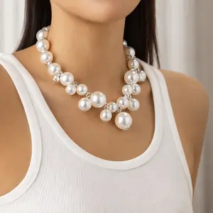 Layered Large & Small Faux Pearl Statement Choker Necklace- Old Money Quiet Luxury Coquette Aesthetic Chunky Pearl Collarbone Jewelry Accessories for Women Valentines Gifts for gf