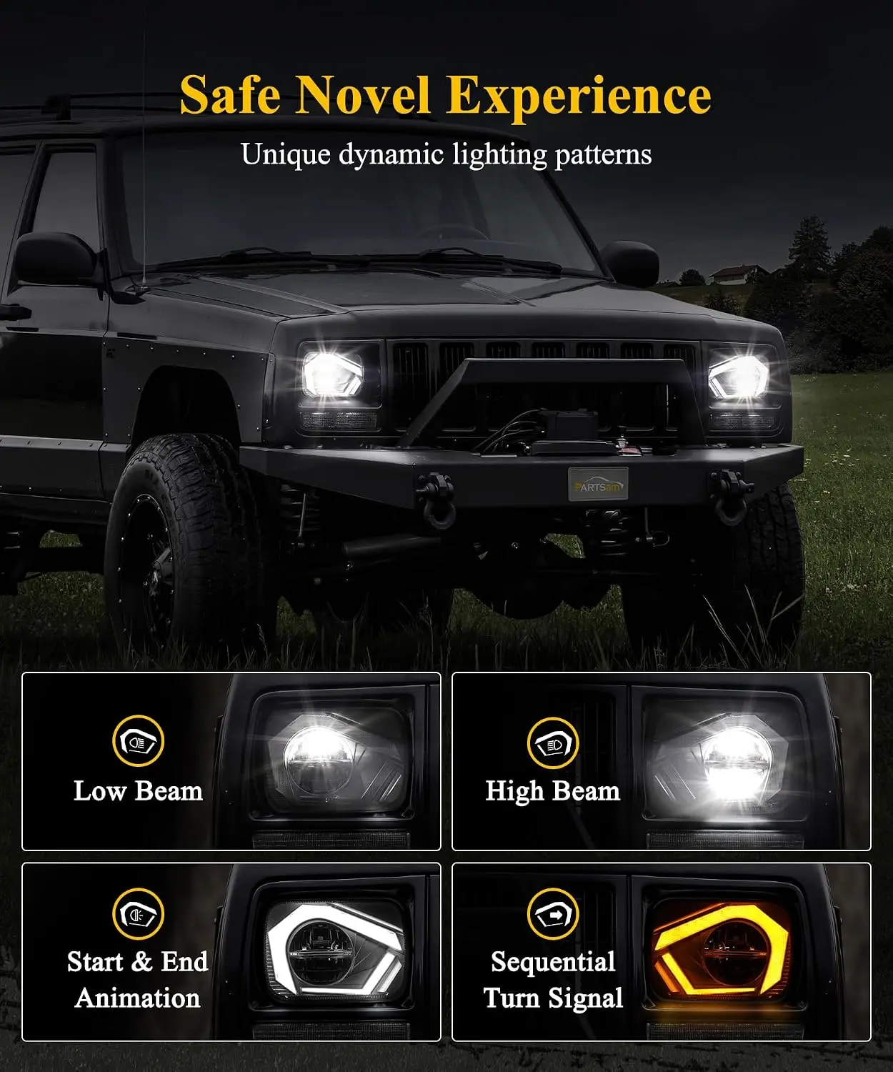 Partsam Eagle Eye Headlights H6054 LED 7x6 5x7, Hi/Low Sealed Beam with Start & End Animation, Sequential Turn Signal, Anti-Glare, DRL, Silver, DOT Approved