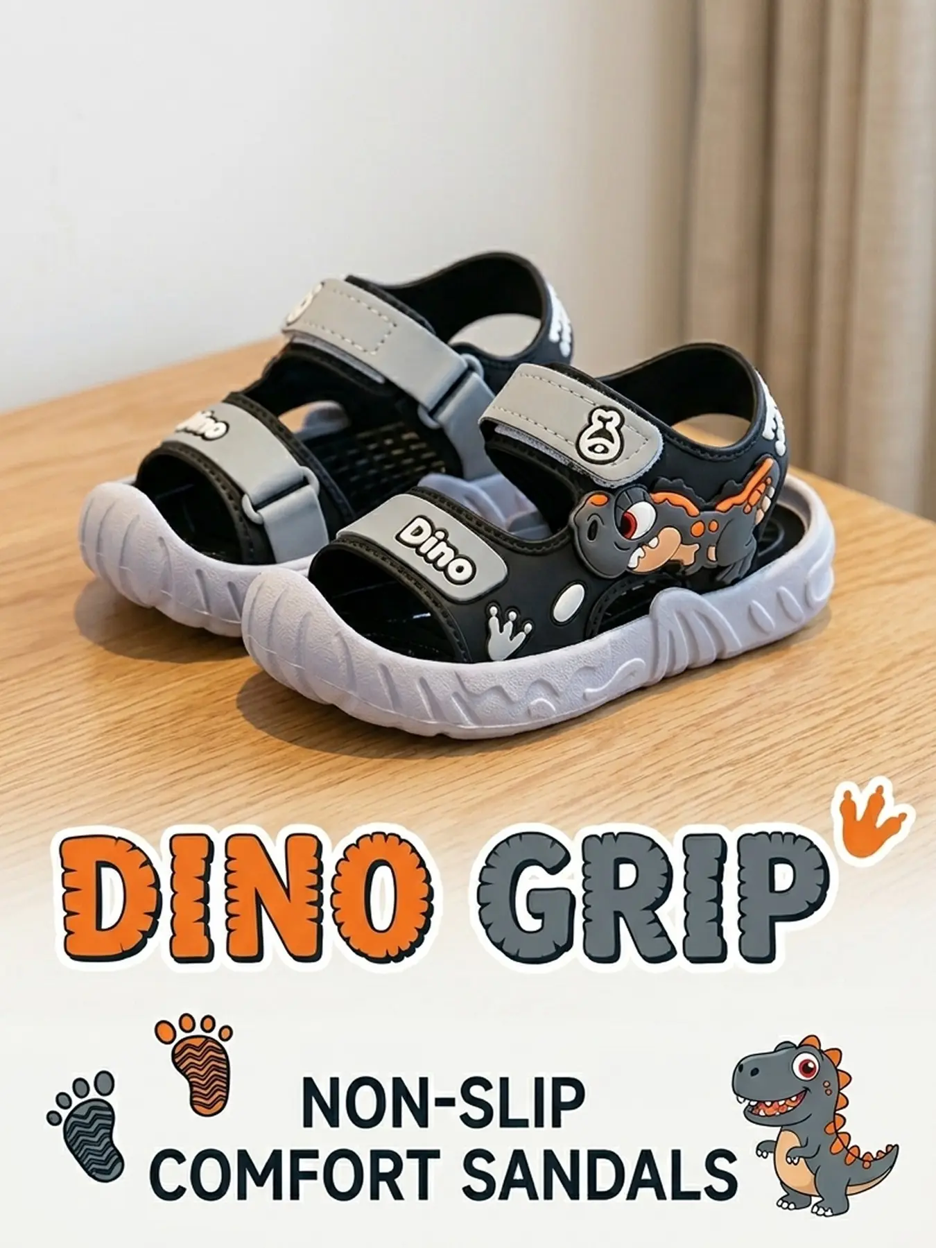 Boys' Dinosaur Cartoon PVC Sandals, Summer New Soft Sole Anti-Slip Beach Shoes for Kids, Adjustable Ankle Strap