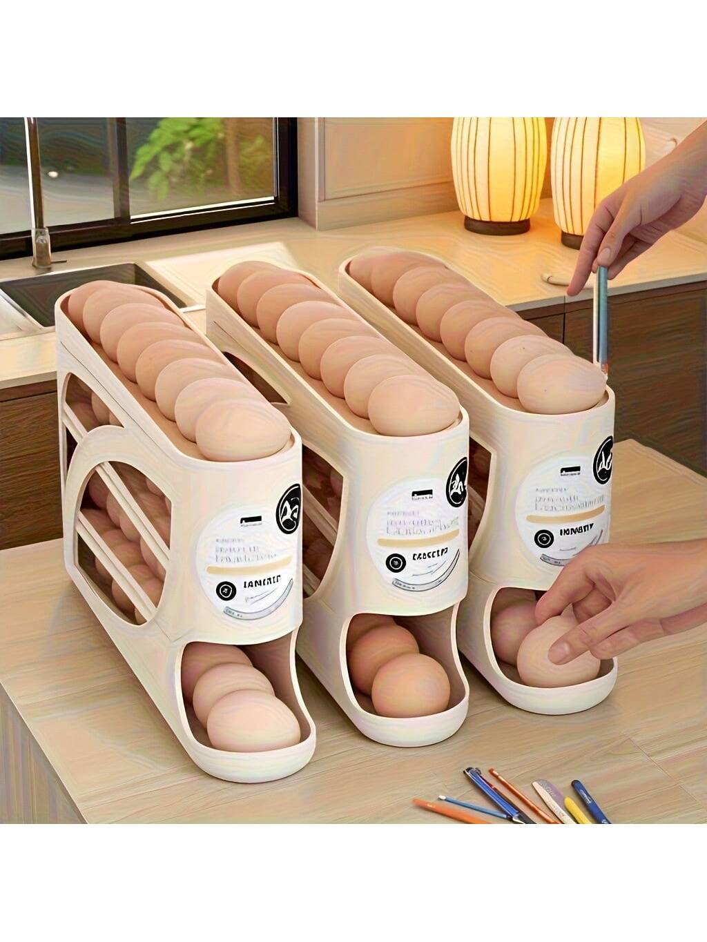 4-layer Rolling Egg Rack with Side Door Design for 30 Eggs Smooth Shiny Surface Convenient Handle Modern Kitchen Accessories Durable Plastic Material