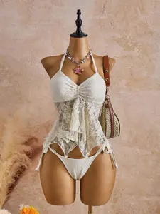 Glamine 26SS Spring/Summer Vacation Beach White Lace Floral Trim Cute Sweet Bow Bikini Set, 2pcs 2026 New Women's Swimwear ArrivalFor School,Suitable For Holiday, Date, Afternoon Tea, Western, Cruise, Beach, Island, Road Trip, All Seasons, Music Festiva