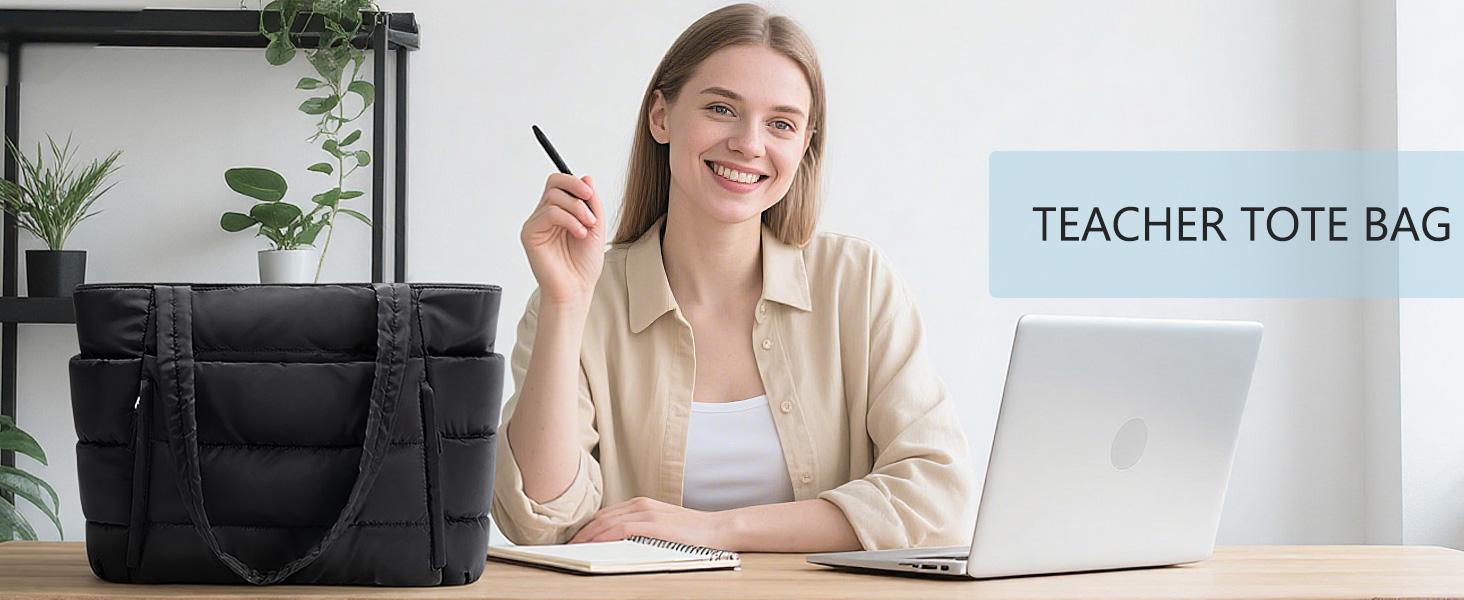 Bagstellar Puffer Tote Bag for Women with Makeup Bag, Large Work Tote Laptop Bag, Lightweight Travel Tote Bag with Zipper Gifts for Women Teacher Nurse Quilted Shoulder Bag for School Gym