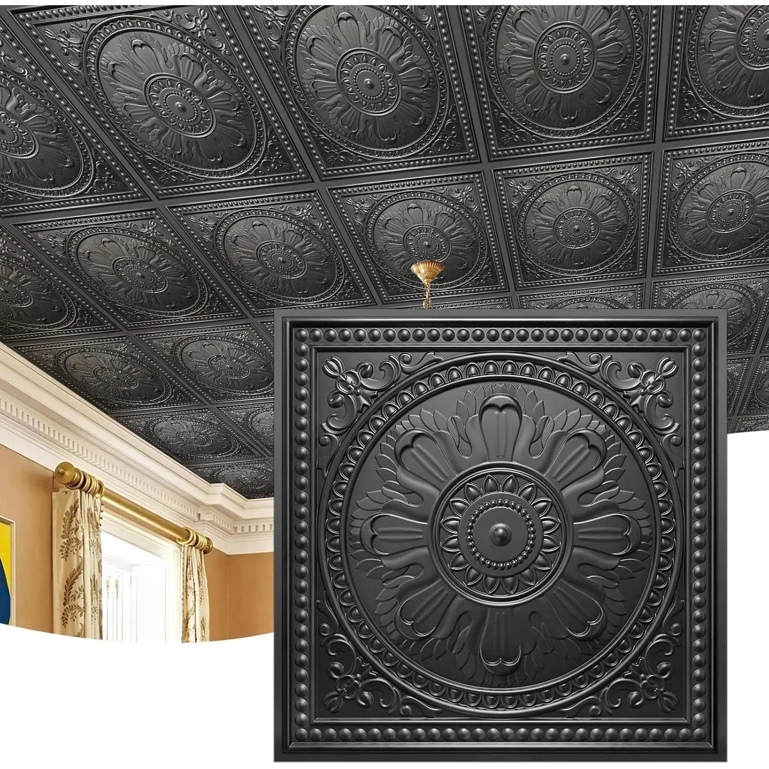 Synthetic Vinyl PVC Ceiling Tiles, 12-Pack 24"x24" Black Baroque Square Tiles, Crack-Resistant, Fade/Stain-Resistant, 48 Sq.Ft. Coverage, Easy Install Effortless Glue-Up DIY Installation, Low-Maintenance for Home Use