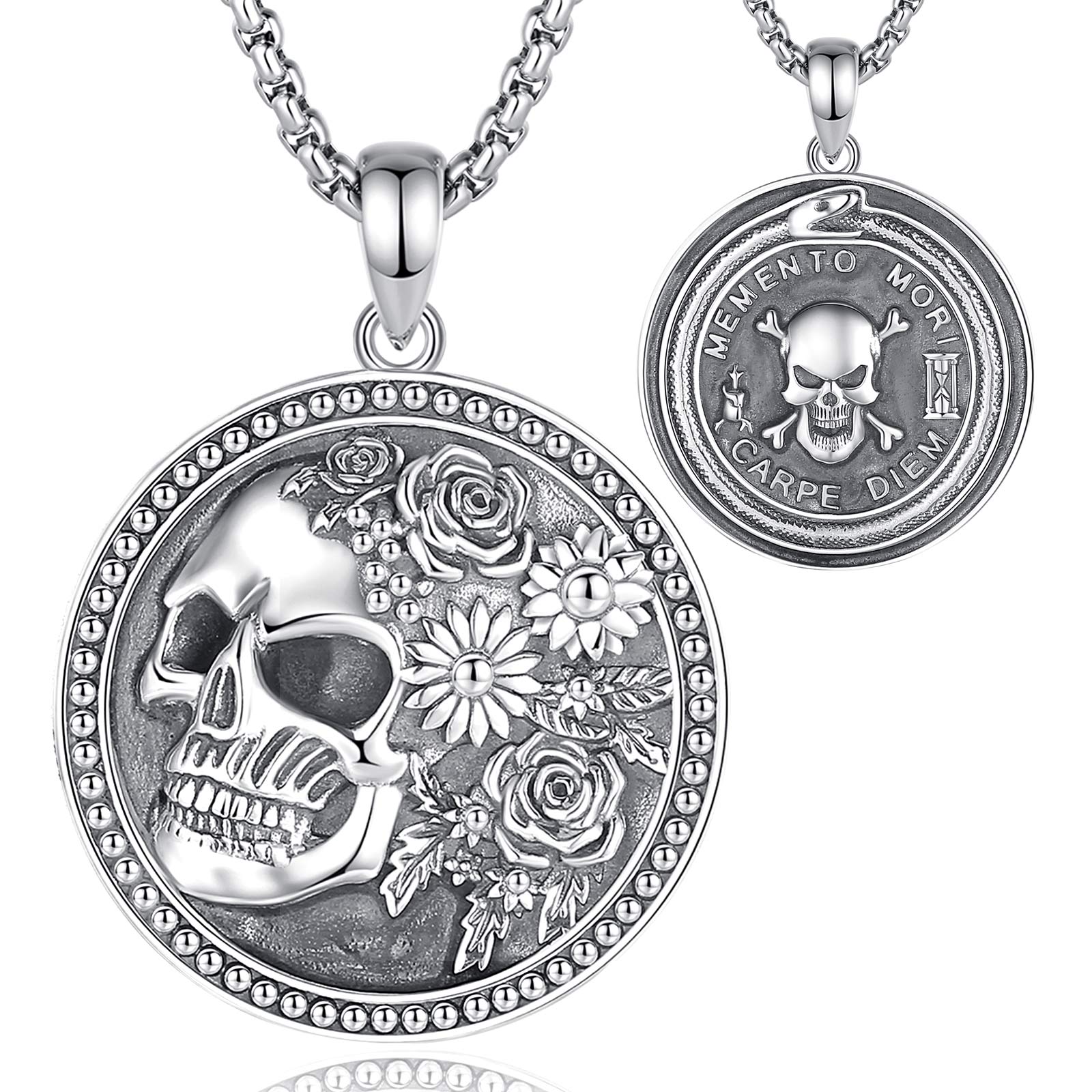 Eudora S925 Sliver Santa Muerte Necklace, Silver Grim Reaper Pendant, Mexican Saint Medallion,  Memento Mori Amulet, Protective Sigils Jewelry