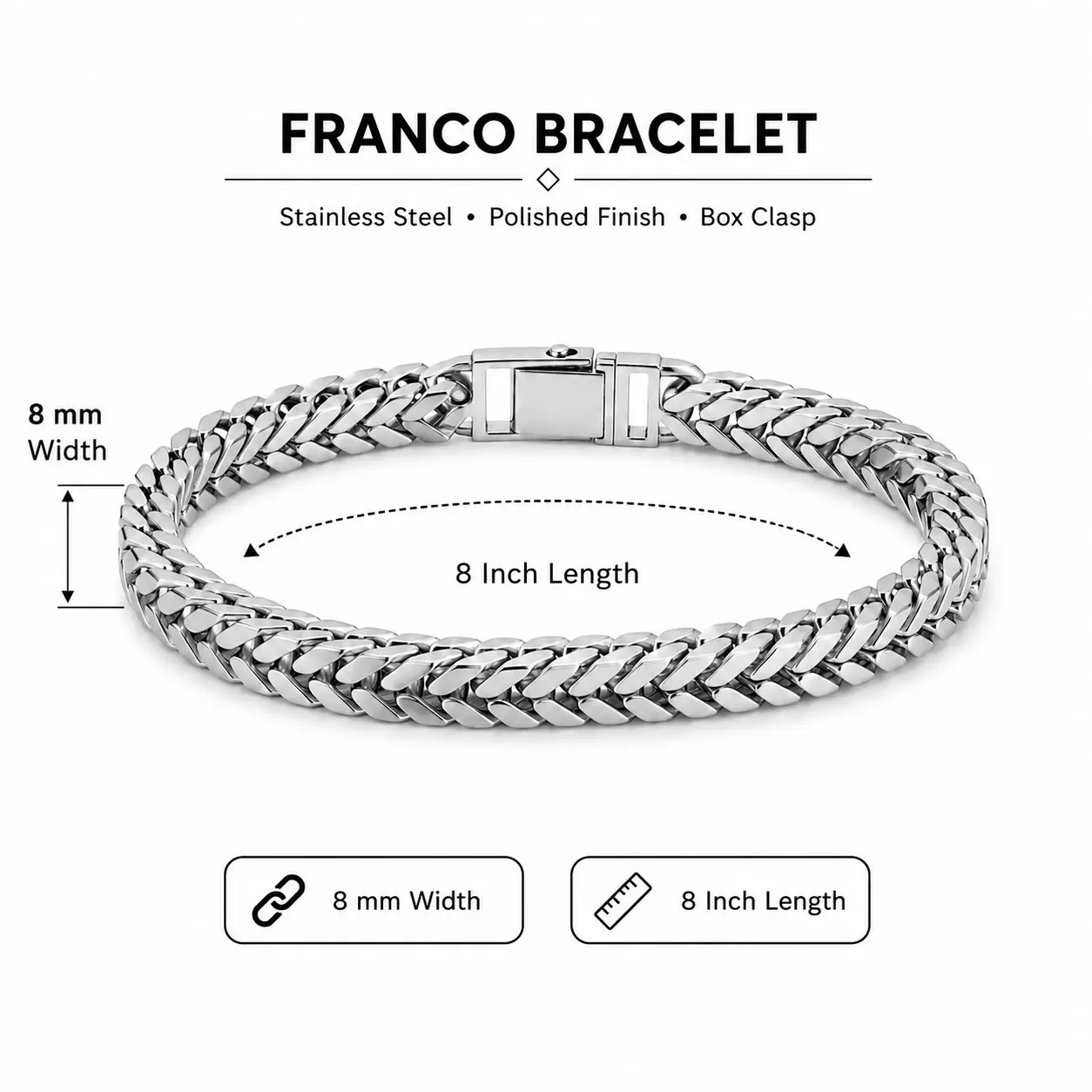 Men's 8mm Stainless Steel Silver Franco Bracelet, 8-Inch Heavy Cuban Link Chain, Polished Durable Jewelry, Bracelets