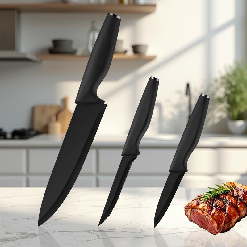 15-Piece Kitchen Knife Set – With Solid Wood & Plastic Knife Block, Including Chef's Knife, Japanese-Style Knife, Meat/Vegetable Knife, Chicken Bone Knife and German-Style Steak Knife. it's practical for home use and also ideal as a gift. Wooden Stylish
