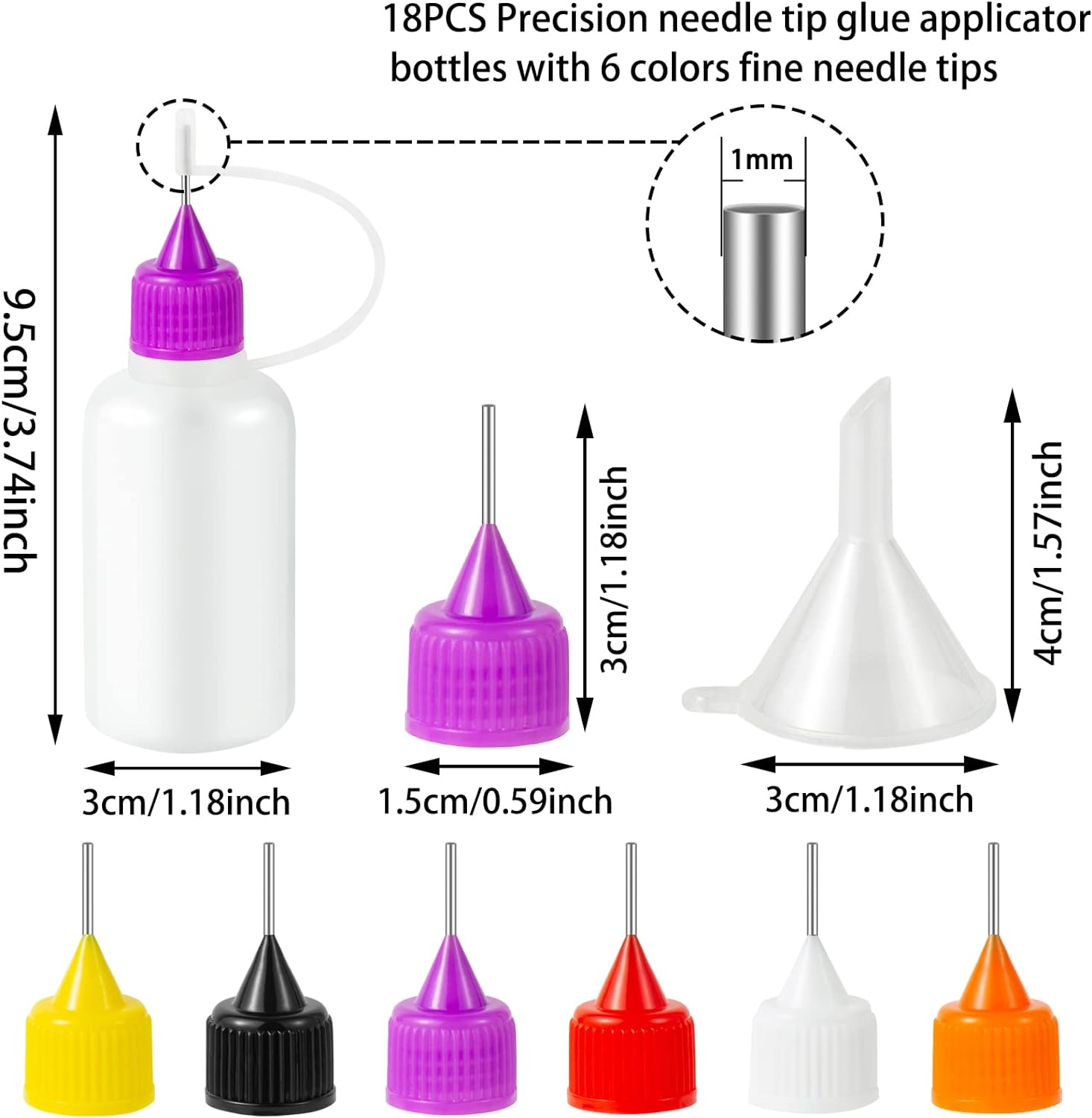 18PCS Precision Needle Tip Glue Applicator Bottles, 6 Color 30ML/1 OZ Fine Needle Tip Squeeze Bottle with Mini Funnel for DIY Paint Paper Quilling Craft Glue Ink Liquid Acrylic Painting