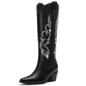 【Valentine's Day Gift】Rhinestone Cowboy Boots for Women - Wide Calf Knee-High Western Boots with Classic Embroidery, Side Zipper & Sparkly Glitter Tall Cowgirl Design Walking Shoes