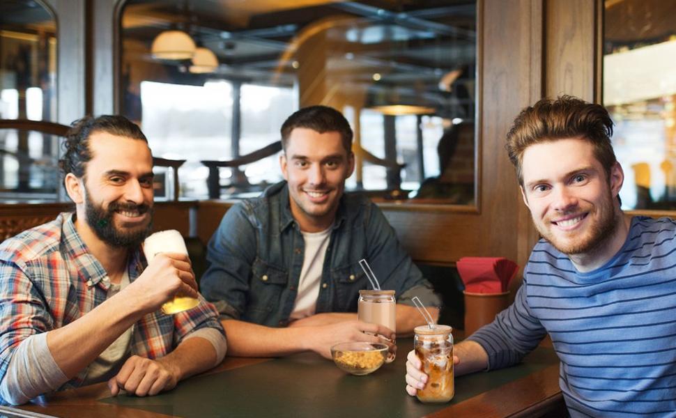 DWTS DANWEITESI 4-Pack 16oz Glass Cups with Bamboo Lids & Straws Borosilicate Tumblers for Coffee Beer Water Tea Drinkware Set Cute Wooden Ice Cube Jar Set