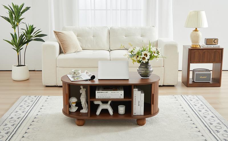 Giratree Oval Coffee Table, Mid-Century Modern Coffee Table with Storage & Sliding Doors, Fluted Coffee Table Center Table for Living Room, Dining Room, Apartment, Home Office