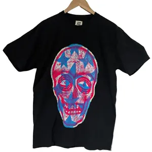 Star Skull Appliqued Hand Printed Limited Edition T-Shirt Cotton Menswear Top Tshirt Casual Big 4th of July Fireball Skull Graphic - Long, Halloween
