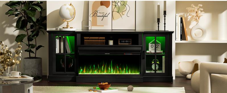 Spurgehom 3-Sided Fireplace TV Stand, 70" Farmhouse Highboy Entertainment Center with 34" Electric Fireplace & LED Lights - Media Console Table for Living Room, Fits TVs Up to 80 Inches