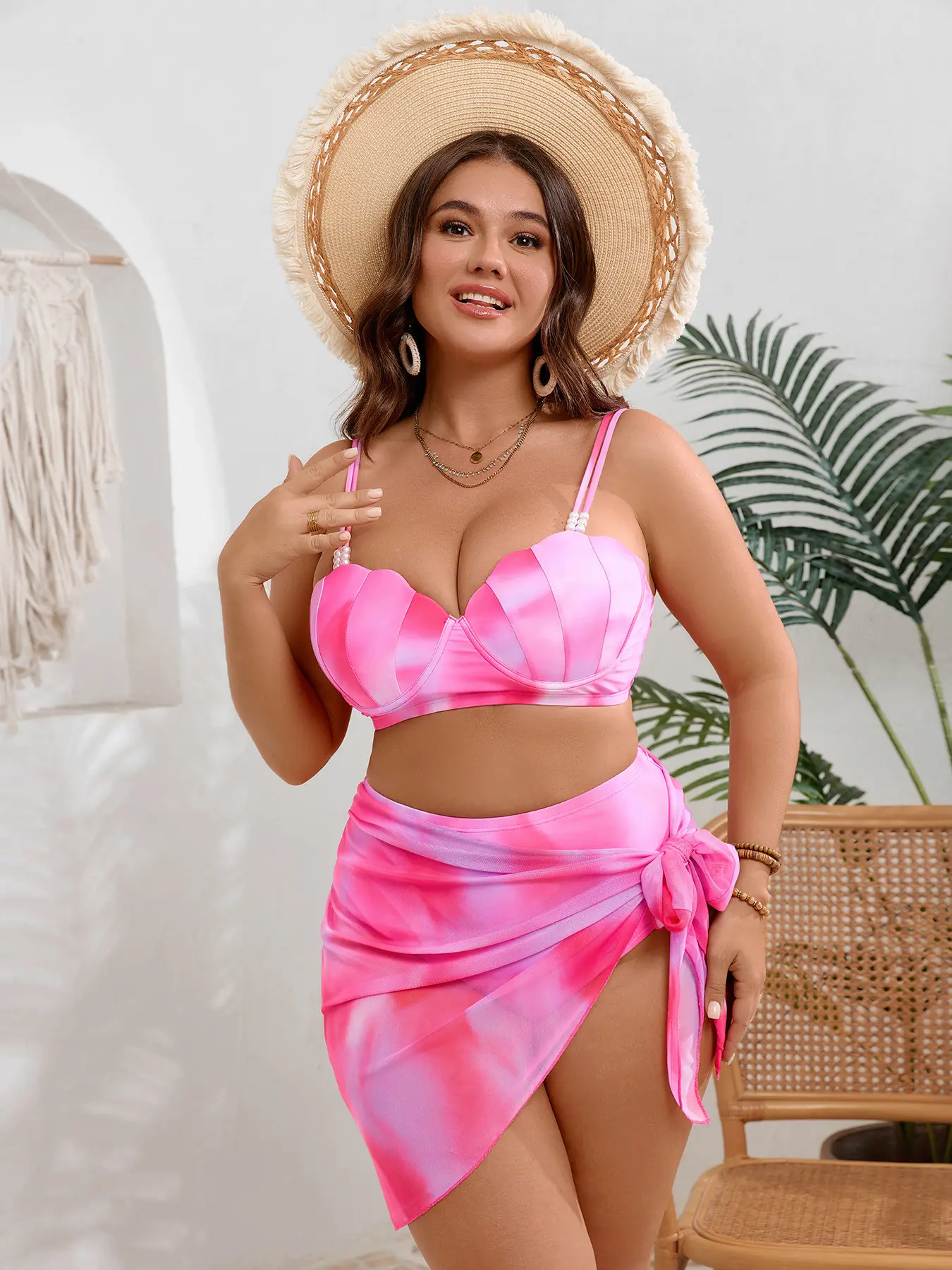 3-Piece Tie-Dye Bikini Sets, High Rise Tummy Control Bathing Suit, Pink Shell Cup Swimsuit with Pearl Strap & Sarong Skirt for Beach Party, Swimsuit For Women, Quick Dry, Cheeky, Shell Shape, Bikini With Skirt, Beach Bikinis, Casual Swimsuit Set