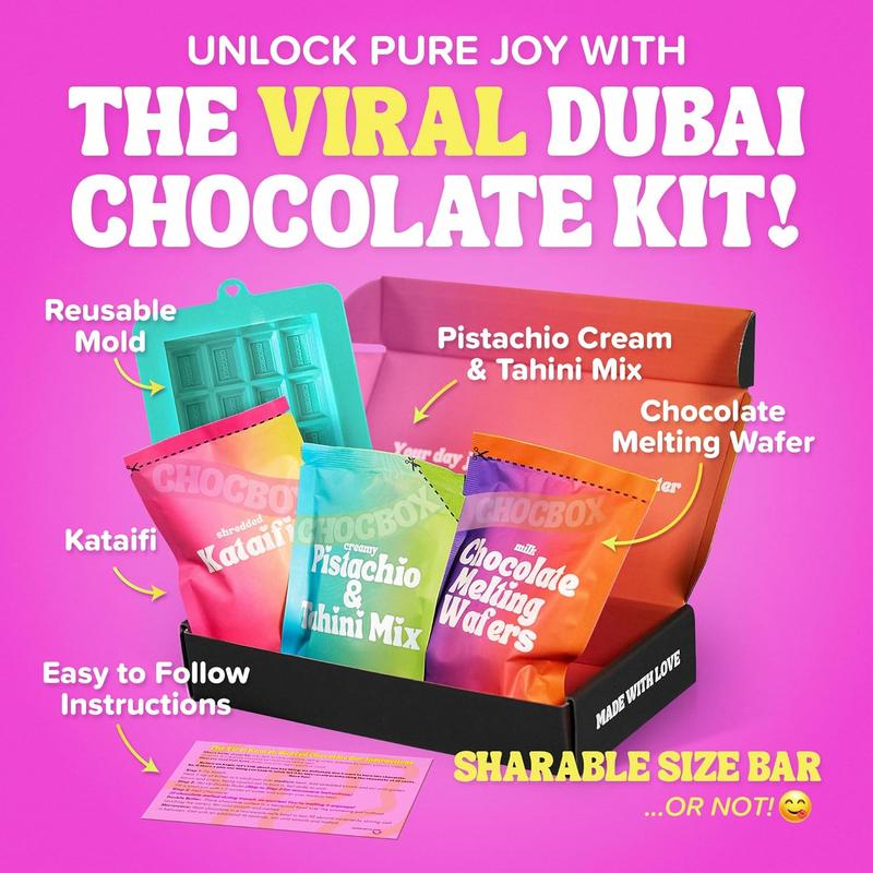 NEW - Chocbox Viral Dubai Milk Chocolate Bar Kit - Includes Chocolate Mold, Choc Wafers, Shredded Kataifi, Pistachio Cream - DIY Gift Box Dubai Kit - Great Gift