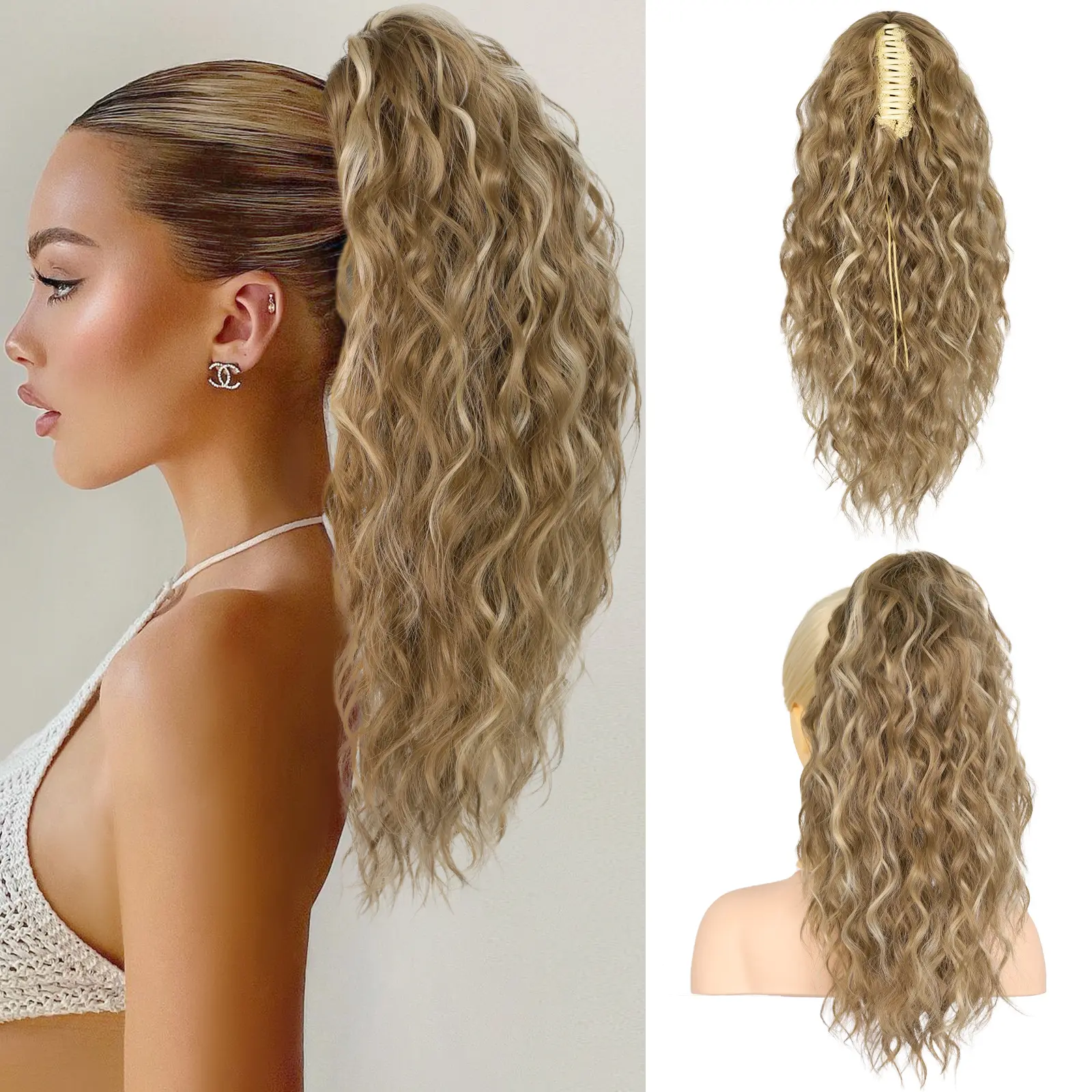 Women's 18-Inch Long Curly Water Wave Ponytail Extension with Claw Clip, Synthetic Hair Pieces with Wavy Texture for Daily Use, Curly Hair Extensions for Ponytail Hairstyles, Heat Resistant, Jaw Claw Clip, Casual, Natural Curl Blend, Daily Wear, Claw Clip