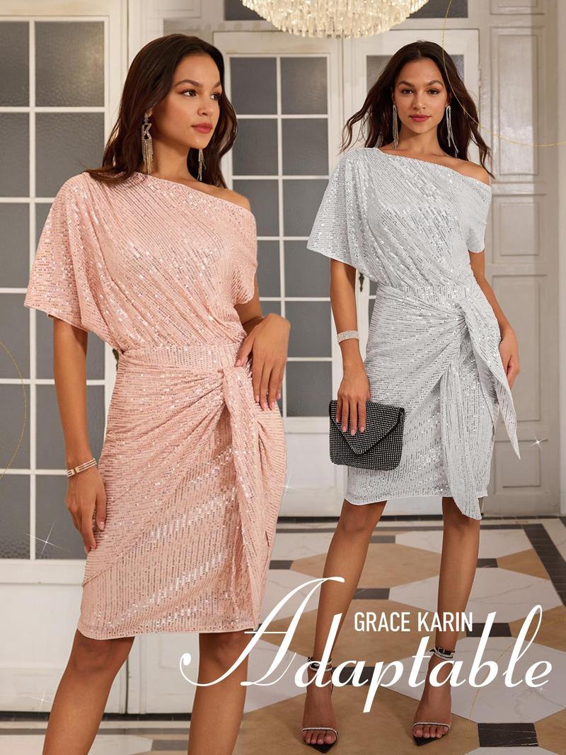 {Size runs Small} GRACE KARIN Cocktail Dresses forEvening Party One Shoulder Ruched Sequin Dresses