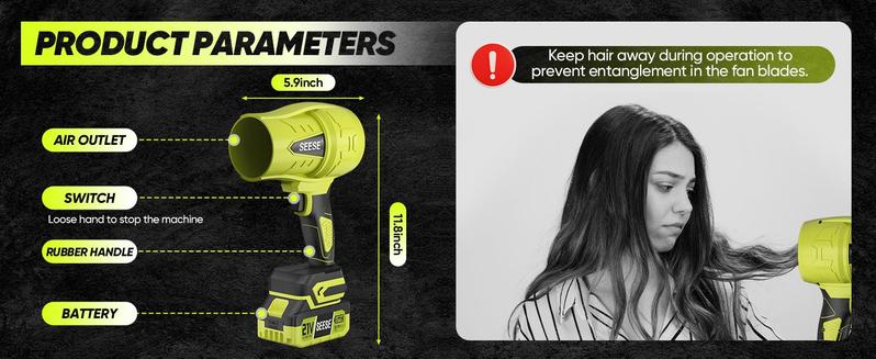 SEESE Cordless Leaf Blower Violent TurboFan,BrushlessPureCopper Motor With Battery,CordlessTurbo Super Power AirDuster, Handheld PowerfulDryer for Car,Car Drying afterWash,SnowRemoval