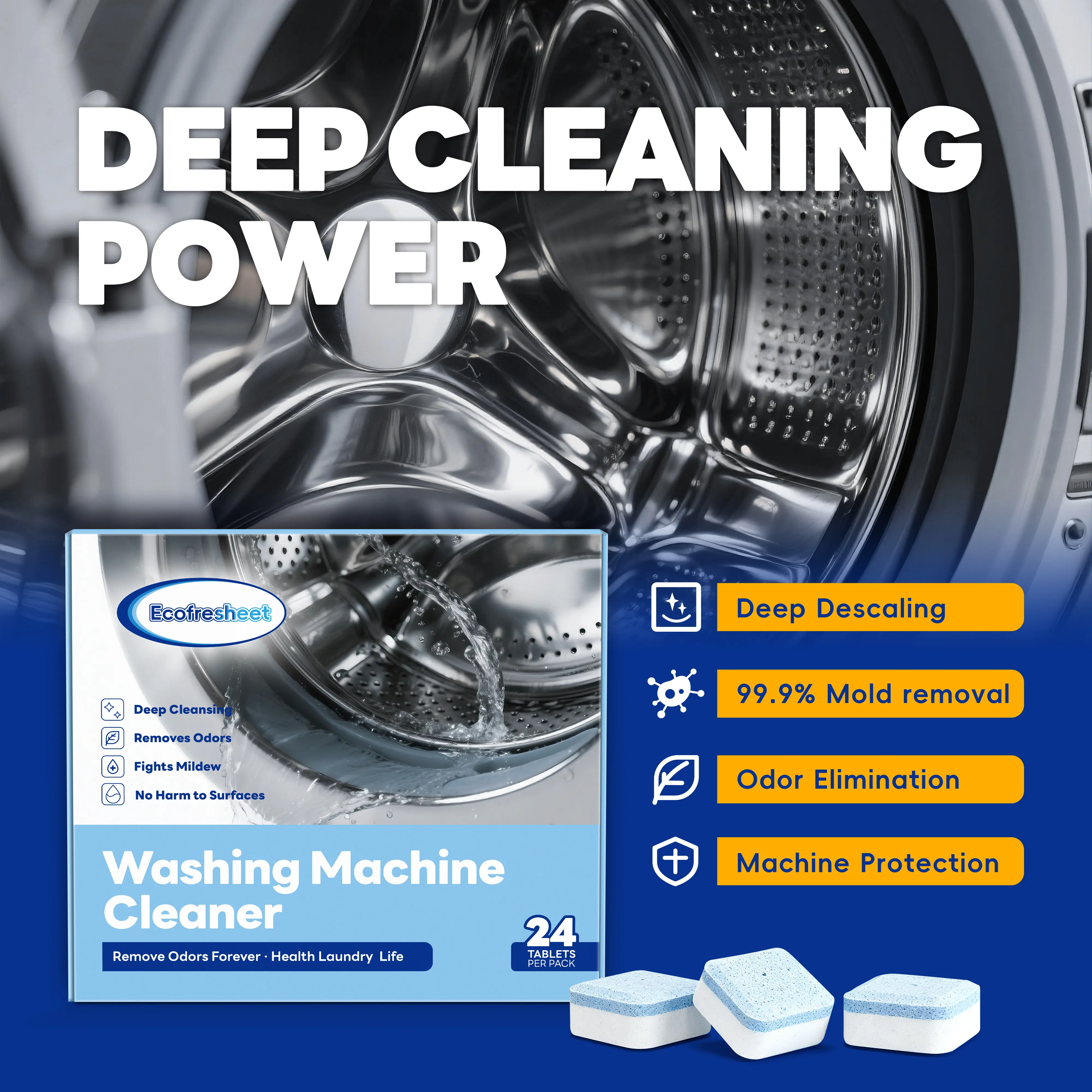 Ecofresheet 24 Pack Washing Machine Cleaner Tablets | Deep Cleaning Washer Descaler Odor Eliminator | Removes Limescale & Mildew | Septic Safe for All HE Front & Top Load Washers