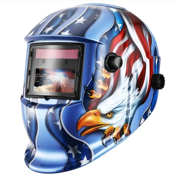 Auto Darkening Solar Powered Welding Helmet with Adjustable Lens, Dual Sensors, Delay & Sensitivity Settings, Flexible Strap & Test Function, Lightweight Blue Eagle Pattern Mask for ARC TIG Grinding Work, Welding Helmets, 3.62"×1.65" Viewing Window